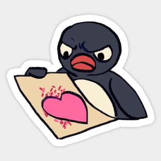 angry pingu penguin with messy heart craft meme Sticker